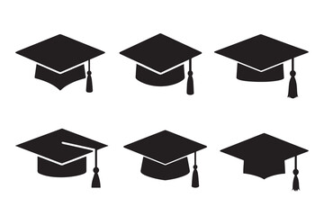 Collection of graduation caps in silhouette style isolated on white background