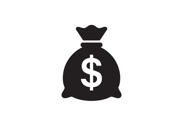 Black silhouette of a money bag with a dollar sign isolated on white background