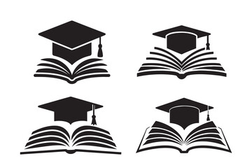 Four black graduation caps on open books silhouette isolated on white background