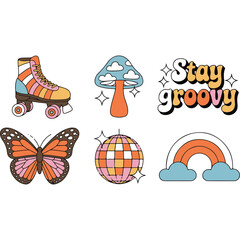 Collection of groovy 70s retro stickers featuring a roller skate disco ball and butterfly