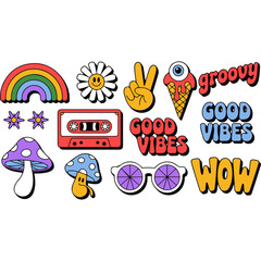 Vector set of classic groovy retro stickers with positive vibes and 70s psychedelic elements