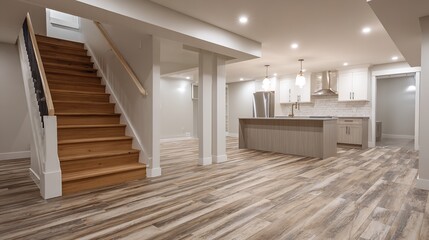Newly Finished Basement With Staircase Leading to Open Kitchen and Living Area