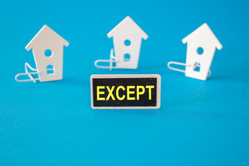 EXCEPT symbol. Wooden houses stay next to a wooden black board with word EXCEPT. Beautiful blue...