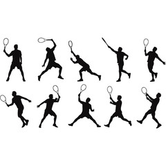 Large set of male tennis player silhouettes in various dynamic action poses
