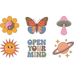 Set of retro groovy stickers with Open Your Mind quote and mindfulness symbols