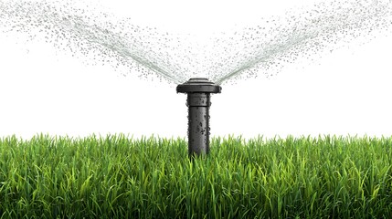 Modern Digital Rendering of a Garden Sprinkler Distributing Water Droplets for a Dense Emerald Lawn and Pristine Background Emphasizing Irrigation Efficiency