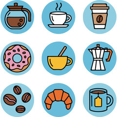 Vector collection of colorful coffee shop and breakfast icons in circular style