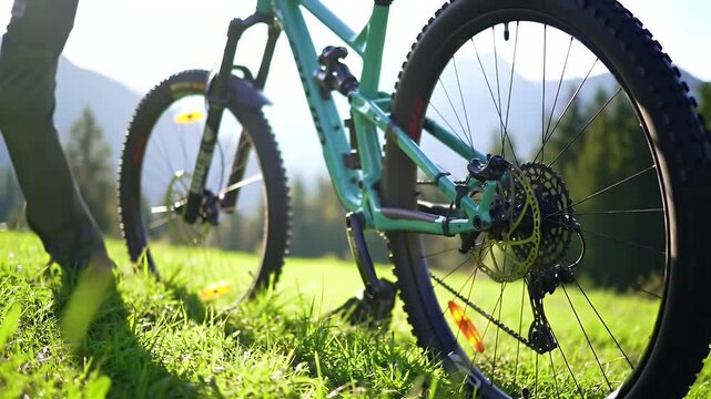Close Up Light Blue Mountain Bike on Green Grass with Trees and Hill Sunny Outdoors
