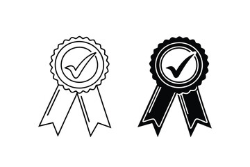 Two award ribbons with checkmarks one outlined and one in silhouette isolated on white background