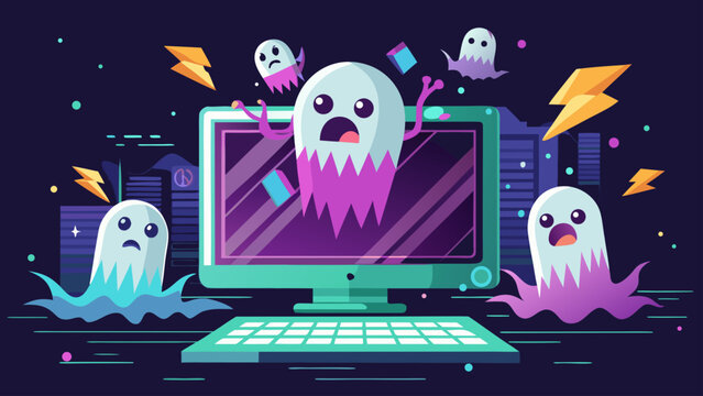 Cartoon computer screen with ghosts and lightning bolts in a spooky digital cityscape scene view