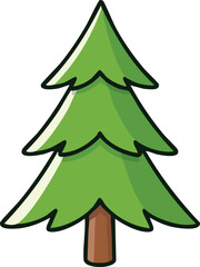 Cartoon illustration of a green evergreen tree with a brown trunk on a white background.