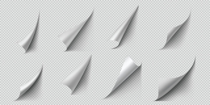 Set of paper curled corners of different shapes with shadows, on a transparent background.