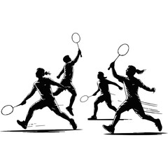 Dynamic vector silhouette of a group of badminton players in action during a match