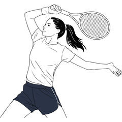 Line art vector illustration of a female tennis player in action hand-drawn sketch style