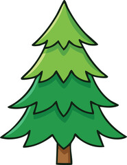 A stylized cartoon illustration of a vibrant green evergreen tree, standing tall against a white background.