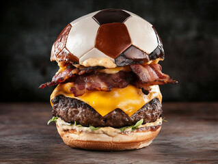 Delicious hamburger resembling soccer ball with bacon and cheese