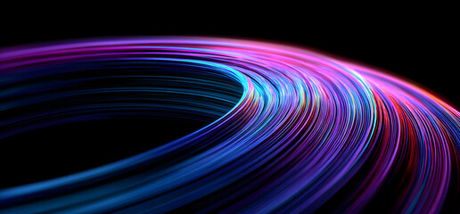 3d crystal glass circle of holographic blue pink gradient lines. Abstract background wallpaper with round speed motion effect. Render digital tech banner with rainbow curve wave ring. 3D illustration