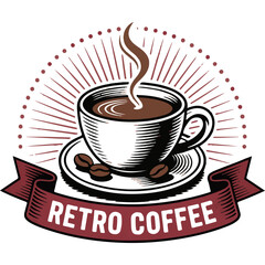 Retro coffee shop logo with a steaming cup and coffee beans in a vintage badge style