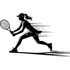 Dynamic vector logo illustration of a female tennis player running in action with speed motion lines