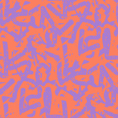 Graffiti seamless pattern. Vector abstract texture with neon paint splashes, chaotic shapes, strokes, lines, dots. Funky orange and purple ink spray background. Urban sport art. Grunge repeated design