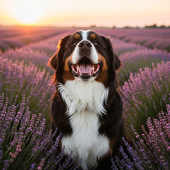 Retrato de um feliz cão Boiadeiro Bernês sentado em um campo de lavanda roxa durante o pôr do sol.