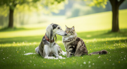 Cena de carinho entre um cão Saluki e um gato Maine Coon sentados na grama ensolarada.