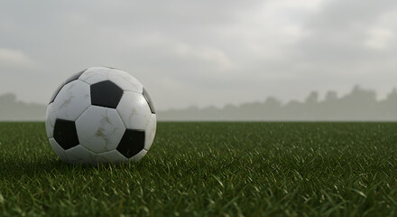 Fototapeta premium Weathered Soccer Ball on Rainy Field Under Gloomy Sky.