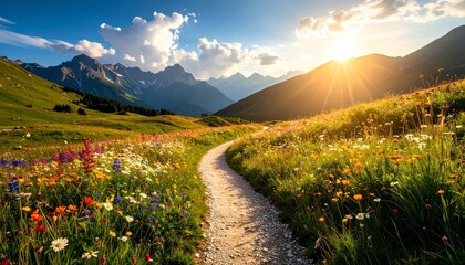 A small gravel path winds through a vibrant meadow of colorful wildflowers in a mountain valley at sunset © Selvy