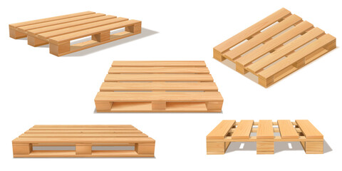 Wooden pallet view from different angles, realistic vector storehouse timber tray equipment for load and transport cargo