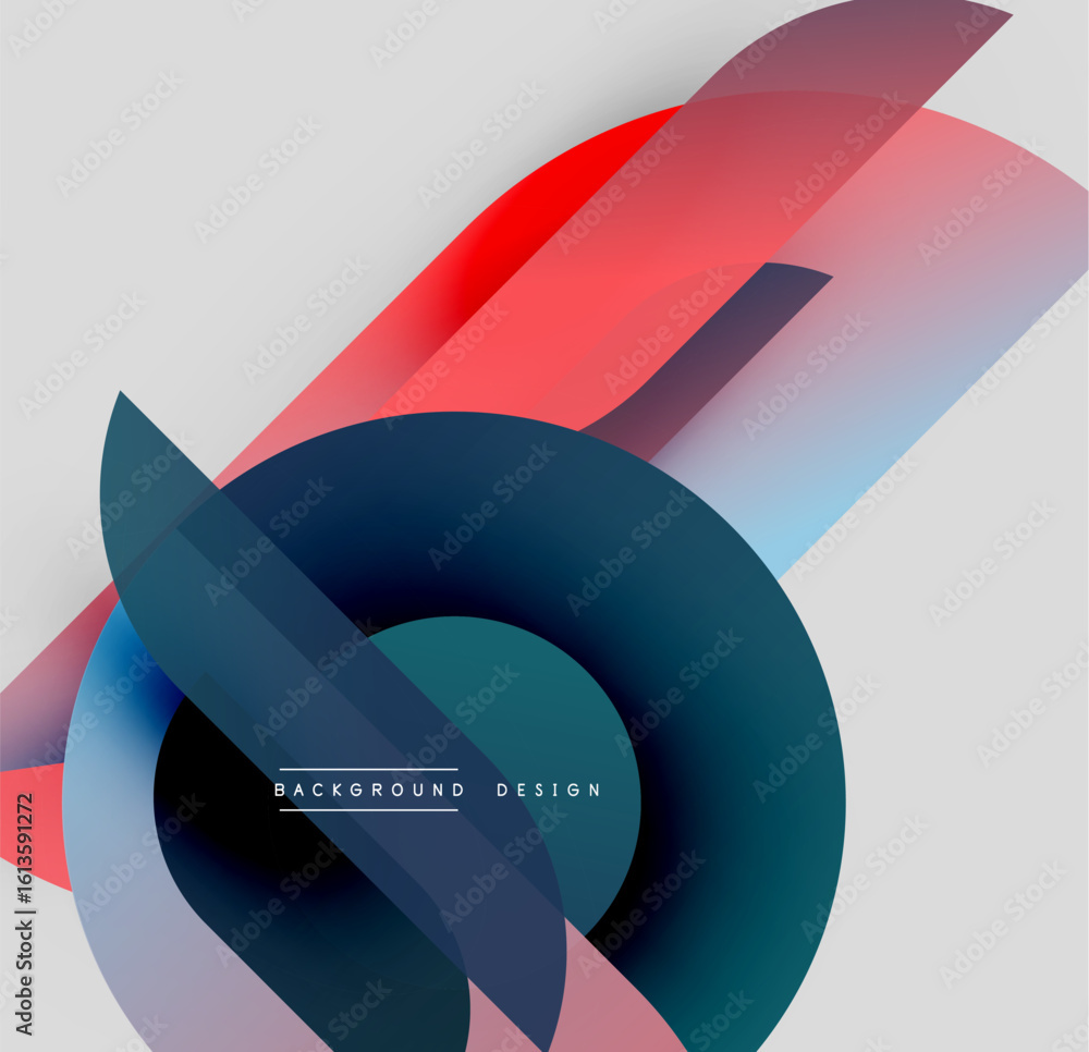 Poster abstract shapes overlap, creating dynamic composition. red, blue, dark tones blend with white backgr