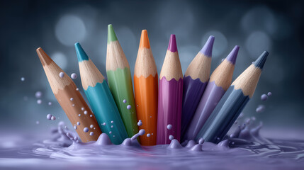 Row of colored pencils are floating in a splash of purple paint. The colors are vibrant and the scene is playful and whimsical