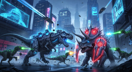 Epic battle between a cybernetic Tyrannosaurus Rex and an armored Triceratops in a futuristic cyberpunk city at night.