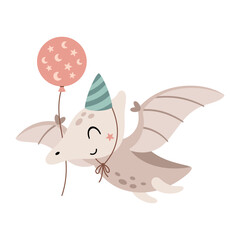 Birthday dinosaur with balloon and birthday hat. Cartoon festive character in vector style	
