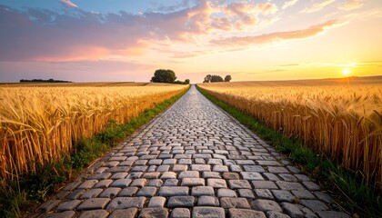 A rustic cobblestone road leading through vast golden wheat fields under a spectacular sunset sky.