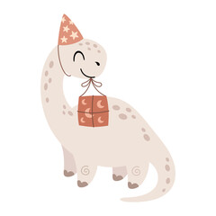Dinosaur Birthday girl with present. Adorable festive animal in cartoon flat style. Vector illustration.	
