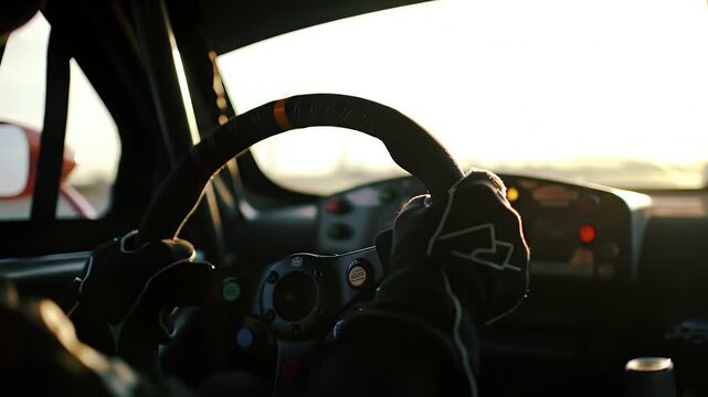 Close Up View of Race Car Steering Wheel Held by Driver in Black Gloves at High Speed