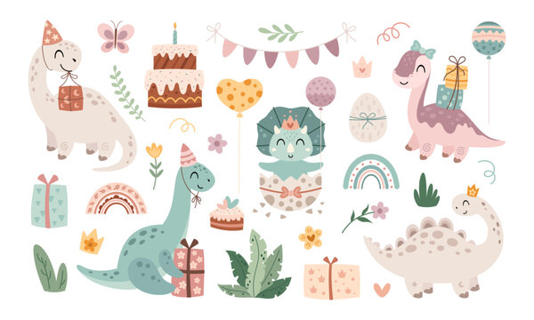 Cute dinosaur birthday girl clipart set. Cartoon festive characters in pastel colors. Vector illustration	
