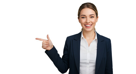 Happy professional businesswoman in a formal suit pointing her finger aside at empty copy space, isolated on a white background.