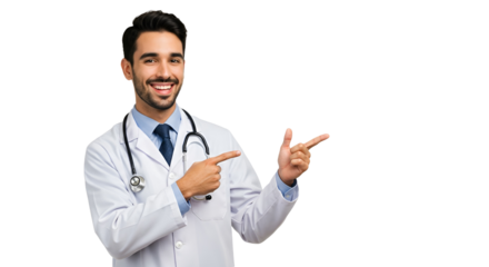 Confident male doctor with a friendly smile, pointing to a blank space for text or product placement.