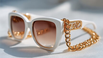 White sunglasses with gold chain and brown gradient lenses