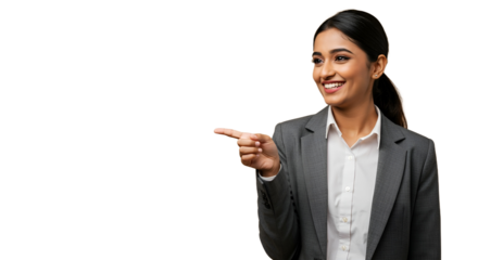 Smiling young Indian businesswoman in a professional suit pointing to the side at copy space, isolated on a white background.