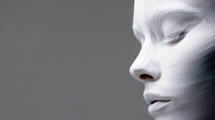 Close-up portrait of a woman's face. the face is made up of a white, abstract design that appears to be made of a smooth, glossy material.