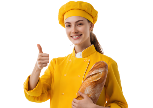 Happy female baker in yellow uniform white background
