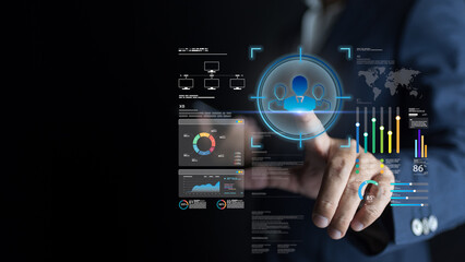 Futuristic interface leverages AI-powered dashboard, advanced business intelligence, digital marketing, innovation, sharpened strategy, data analysis, client recruitment, and CRM target audience