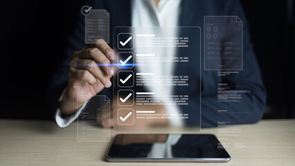 Checklist concept integrates survey, test, question, answer, business goal assessment, client choice, digital tick, clipboard approval and questionnaire document option
