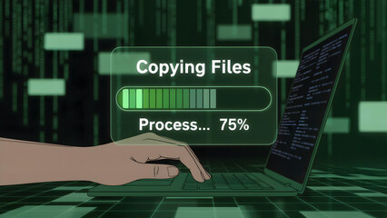 Copying files process shown on a laptop with a hand on the keyboard view