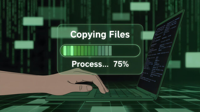 Copying files process shown on a laptop with a hand on the keyboard view