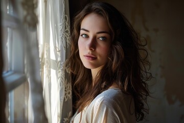 Obraz premium Portrait of a beautiful young woman with long brown hair standing next to a window with a lace curtain in an old house