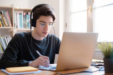 Focused Young Man Studying Online with Laptop and Headphones at Home