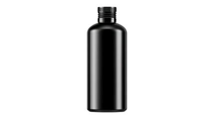 Black plastic bottle with screw cap in vertical orientation